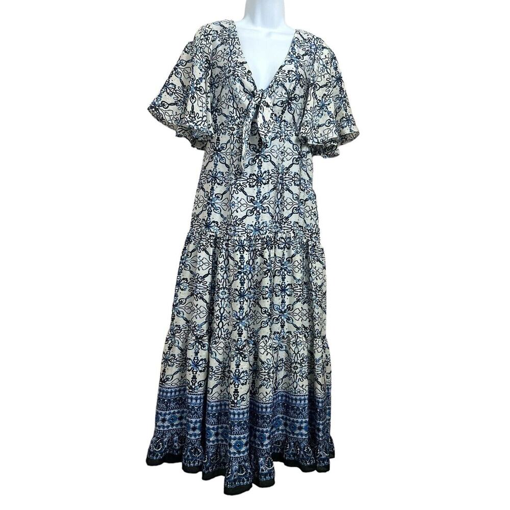 Taylor Boho Blue Dress Sz 12 Tiered Midi Lined Front Tie Flutter Sleeve New
